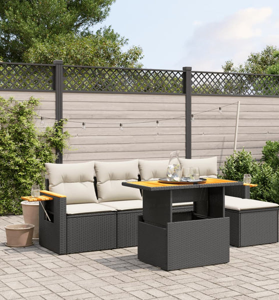 6-tlg. Garten-Sofagarnitur mit Kissen Schwarz Poly Rattan