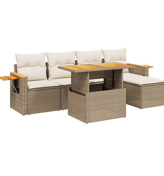 6-tlg. Garten-Sofagarnitur mit Kissen Beige Poly Rattan