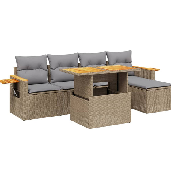 6-tlg. Garten-Sofagarnitur mit Kissen Beige Poly Rattan