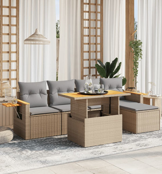 6-tlg. Garten-Sofagarnitur mit Kissen Beige Poly Rattan