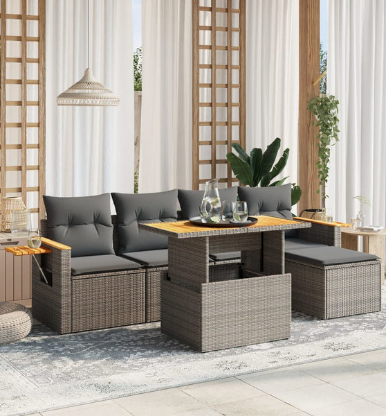 6-tlg. Garten-Sofagarnitur mit Kissen Grau Poly Rattan