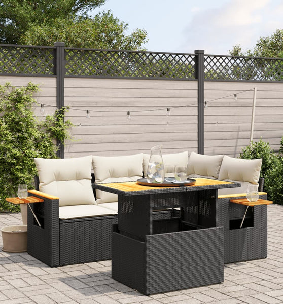 5-tlg. Garten-Sofagarnitur mit Kissen Schwarz Poly Rattan