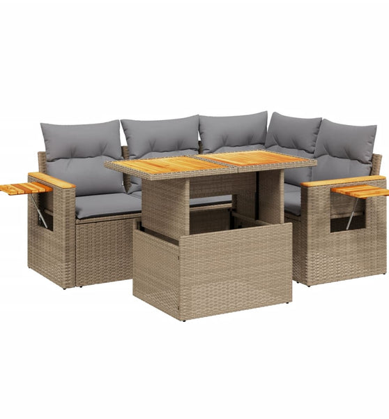 5-tlg. Garten-Sofagarnitur mit Kissen Beige Poly Rattan