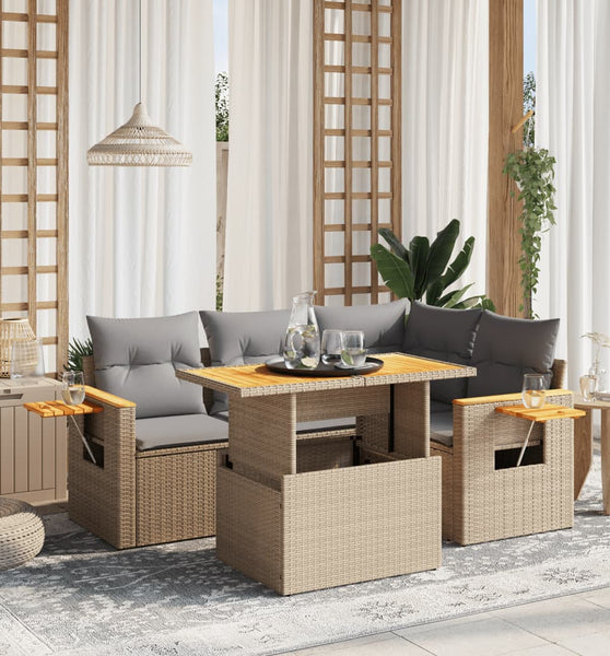 5-tlg. Garten-Sofagarnitur mit Kissen Beige Poly Rattan