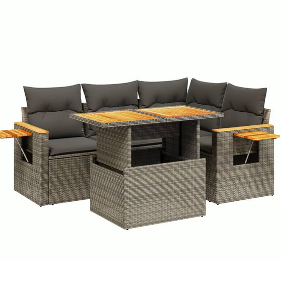 5-tlg. Garten-Sofagarnitur mit Kissen Grau Poly Rattan
