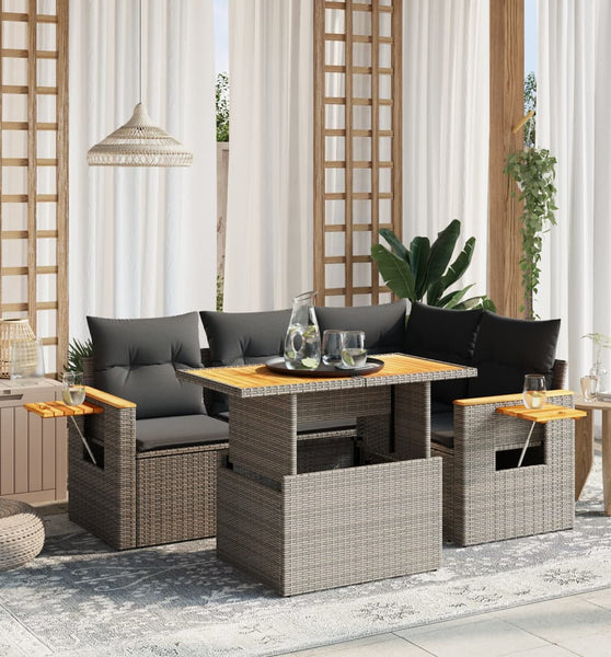 5-tlg. Garten-Sofagarnitur mit Kissen Grau Poly Rattan
