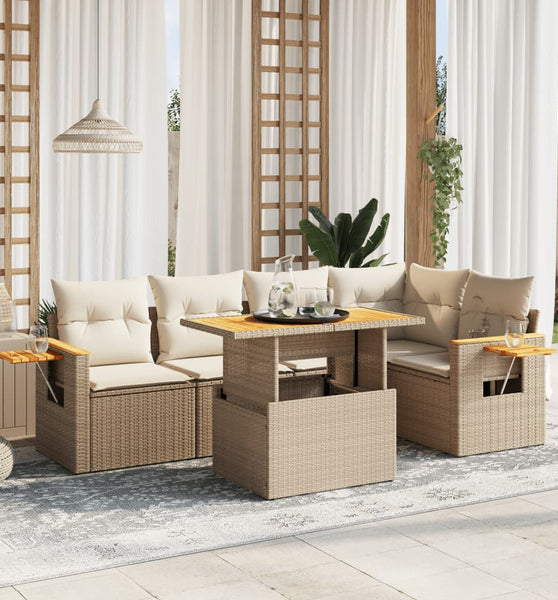 6-tlg. Garten-Sofagarnitur mit Kissen Beige Poly Rattan