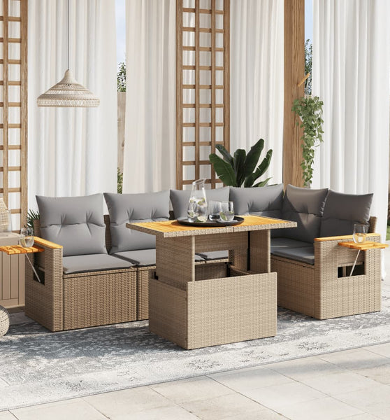 6-tlg. Garten-Sofagarnitur mit Kissen Beige Poly Rattan