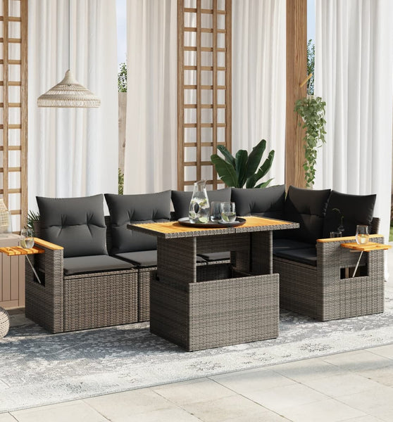 6-tlg. Garten-Sofagarnitur mit Kissen Grau Poly Rattan