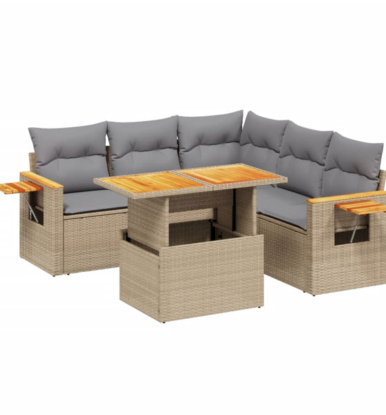 6-tlg. Garten-Sofagarnitur mit Kissen Beige Poly Rattan