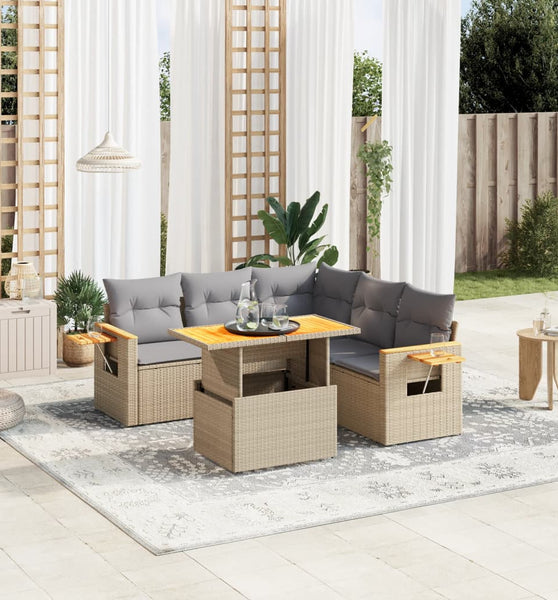 6-tlg. Garten-Sofagarnitur mit Kissen Beige Poly Rattan
