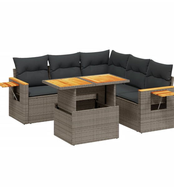 6-tlg. Garten-Sofagarnitur mit Kissen Grau Poly Rattan
