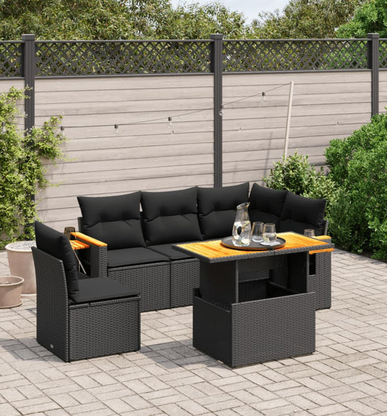 6-tlg. Garten-Sofagarnitur mit Kissen Schwarz Poly Rattan