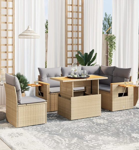 6-tlg. Garten-Sofagarnitur mit Kissen Beige Poly Rattan