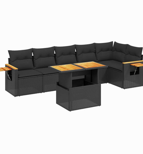 7-tlg. Garten-Sofagarnitur mit Kissen Schwarz Poly Rattan
