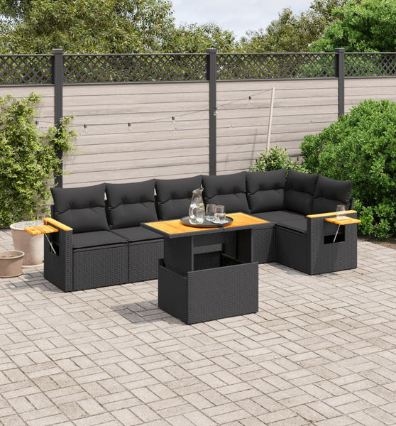7-tlg. Garten-Sofagarnitur mit Kissen Schwarz Poly Rattan