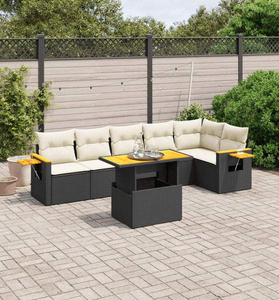 7-tlg. Garten-Sofagarnitur mit Kissen Schwarz Poly Rattan