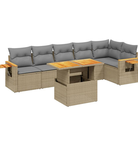 7-tlg. Garten-Sofagarnitur mit Kissen Beige Poly Rattan