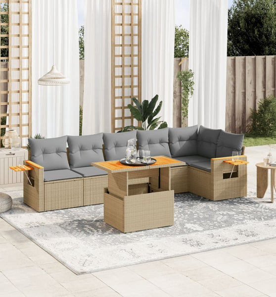 7-tlg. Garten-Sofagarnitur mit Kissen Beige Poly Rattan