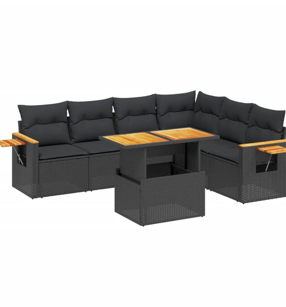 7-tlg. Garten-Sofagarnitur mit Kissen Schwarz Poly Rattan