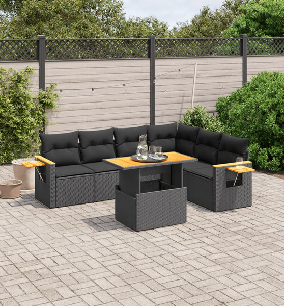 7-tlg. Garten-Sofagarnitur mit Kissen Schwarz Poly Rattan
