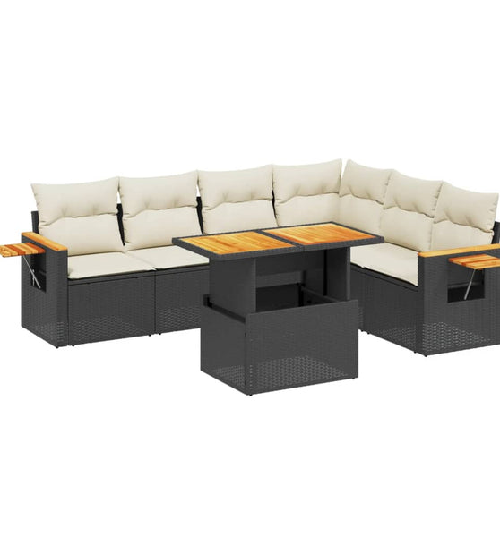 7-tlg. Garten-Sofagarnitur mit Kissen Schwarz Poly Rattan