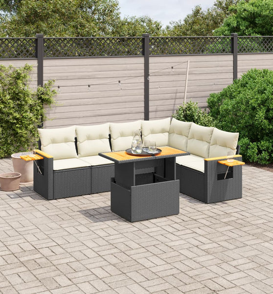 7-tlg. Garten-Sofagarnitur mit Kissen Schwarz Poly Rattan