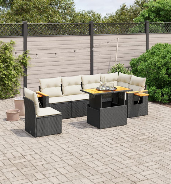 7-tlg. Garten-Sofagarnitur mit Kissen Schwarz Poly Rattan