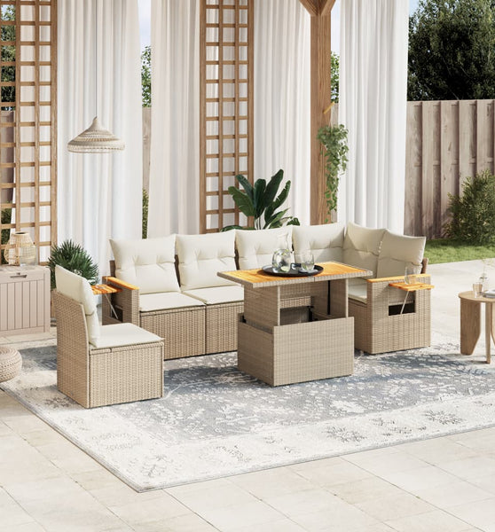 7-tlg. Garten-Sofagarnitur mit Kissen Beige Poly Rattan