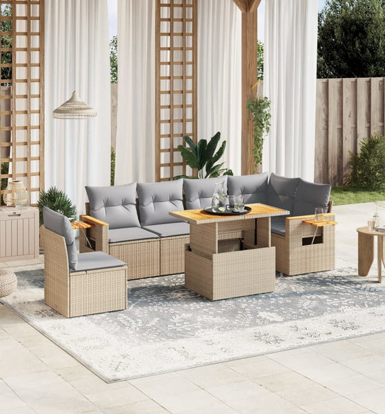 7-tlg. Garten-Sofagarnitur mit Kissen Beige Poly Rattan