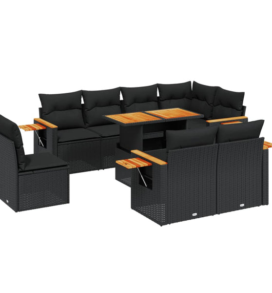 9-tlg. Garten-Sofagarnitur mit Kissen Schwarz Poly Rattan