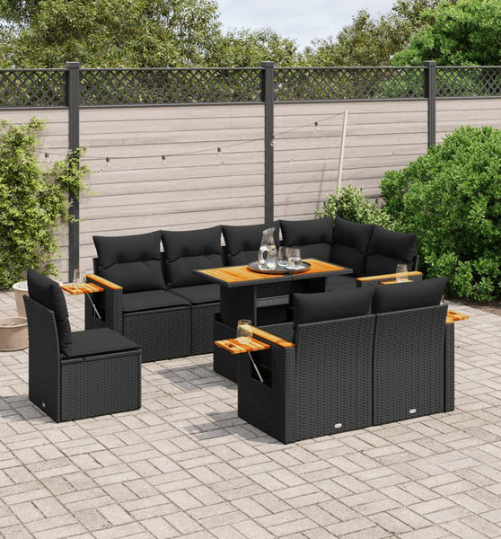 9-tlg. Garten-Sofagarnitur mit Kissen Schwarz Poly Rattan