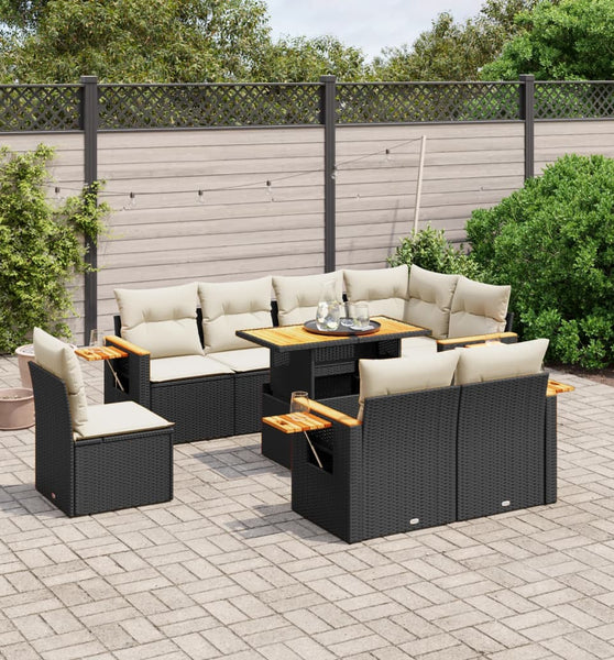 9-tlg. Garten-Sofagarnitur mit Kissen Schwarz Poly Rattan