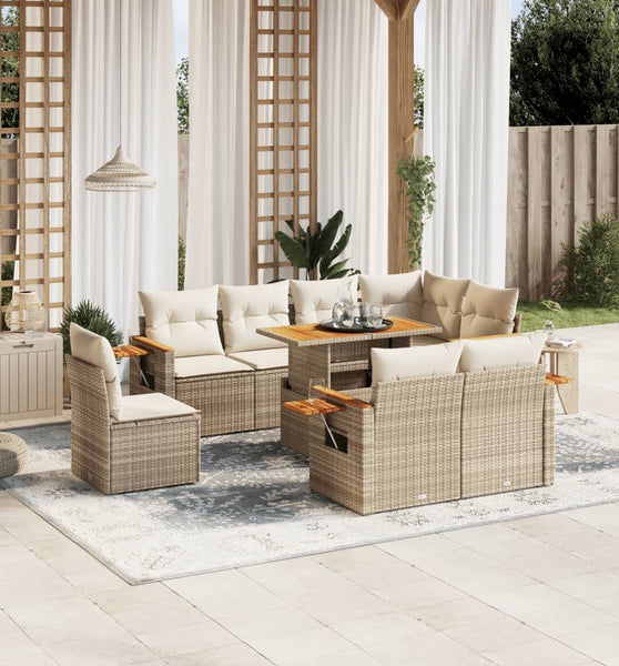 9-tlg. Garten-Sofagarnitur mit Kissen Beige Poly Rattan