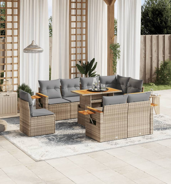 9-tlg. Garten-Sofagarnitur mit Kissen Beige Poly Rattan