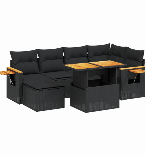 7-tlg. Garten-Sofagarnitur mit Kissen Schwarz Poly Rattan