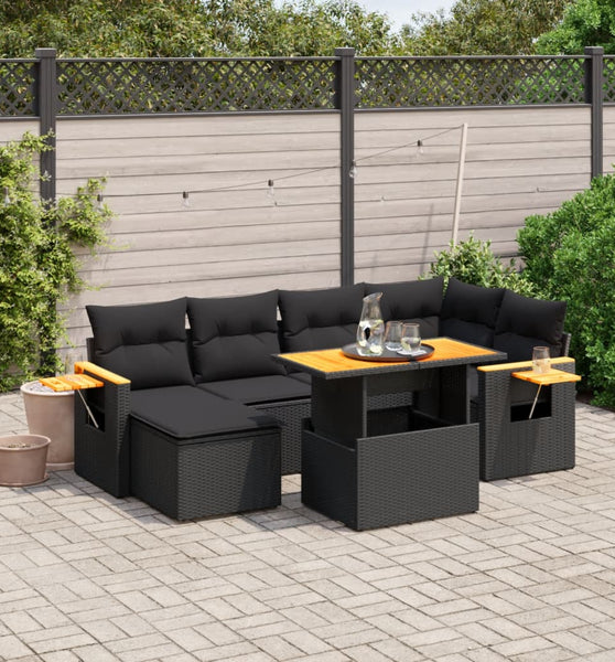 7-tlg. Garten-Sofagarnitur mit Kissen Schwarz Poly Rattan