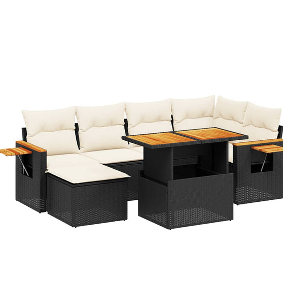 7-tlg. Garten-Sofagarnitur mit Kissen Schwarz Poly Rattan
