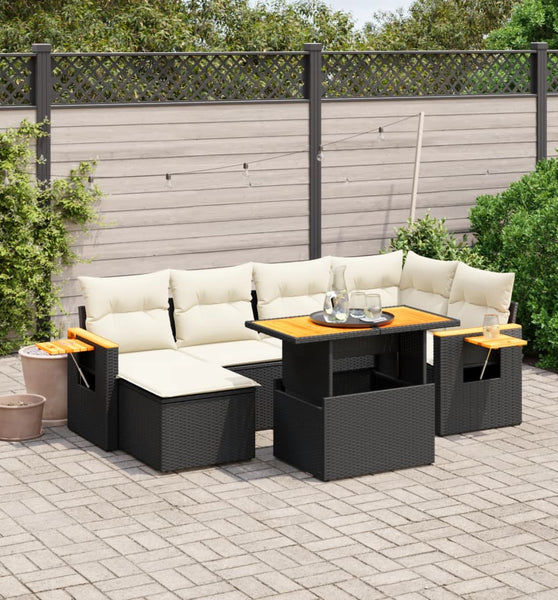 7-tlg. Garten-Sofagarnitur mit Kissen Schwarz Poly Rattan