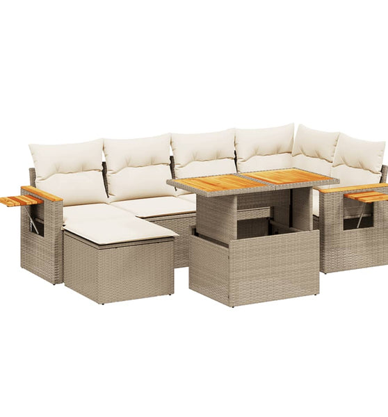7-tlg. Garten-Sofagarnitur mit Kissen Beige Poly Rattan