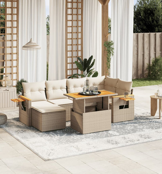 7-tlg. Garten-Sofagarnitur mit Kissen Beige Poly Rattan
