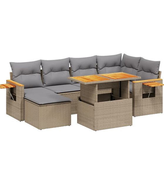 7-tlg. Garten-Sofagarnitur mit Kissen Beige Poly Rattan