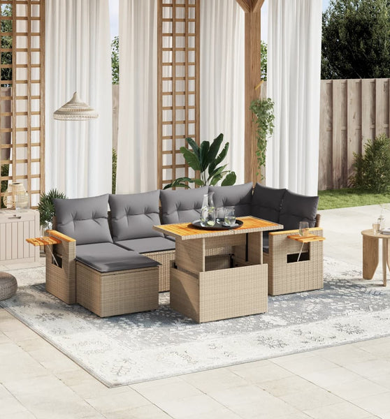 7-tlg. Garten-Sofagarnitur mit Kissen Beige Poly Rattan