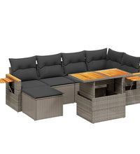 7-tlg. Garten-Sofagarnitur mit Kissen Grau Poly Rattan