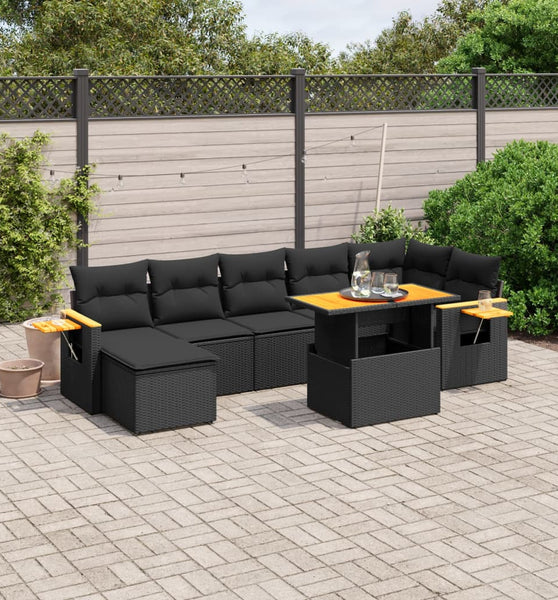 8-tlg. Garten-Sofagarnitur mit Kissen Schwarz Poly Rattan