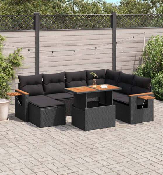 8-tlg. Garten-Sofagarnitur mit Kissen Schwarz Poly Rattan