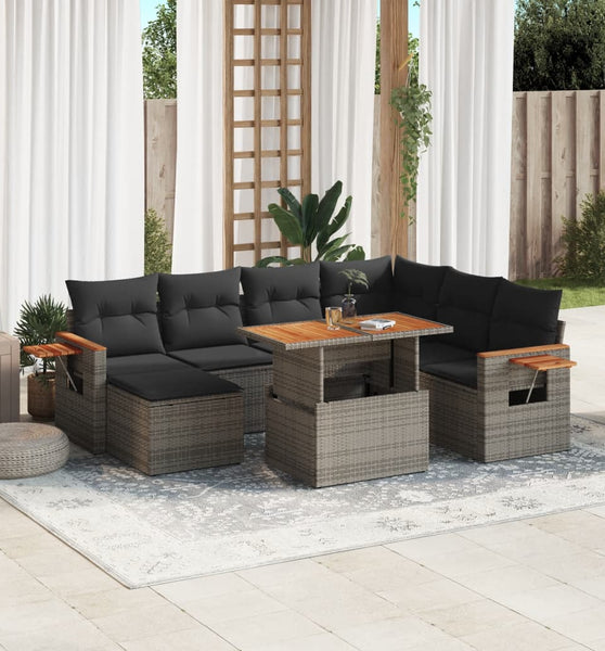 8-tlg. Garten-Sofagarnitur mit Kissen Grau Poly Rattan