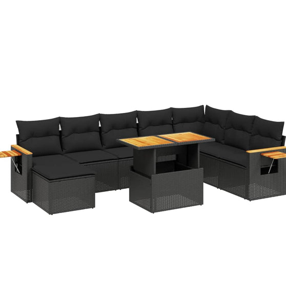 9-tlg. Garten-Sofagarnitur mit Kissen Schwarz Poly Rattan