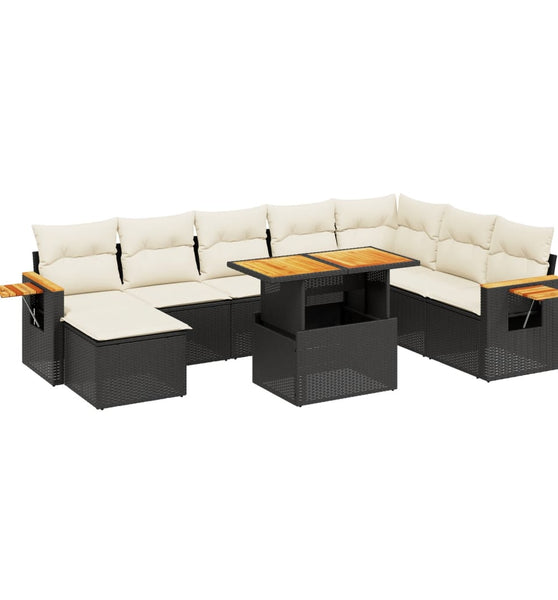 9-tlg. Garten-Sofagarnitur mit Kissen Schwarz Poly Rattan
