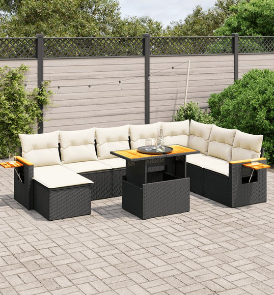 9-tlg. Garten-Sofagarnitur mit Kissen Schwarz Poly Rattan